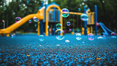 Child blowing soap bubbles on a playground, with colorful bubbles drifting around the play equipment. Bright and playful outdoor setting --chaosの素材
