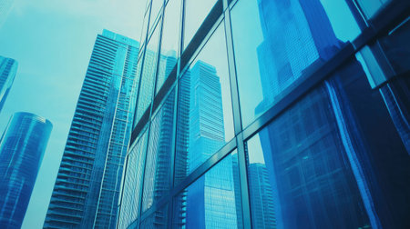 Modern aluminum window frame detail with double-glazed glass, capturing the reflection of surrounding buildings in the clean, polished surface. --chaosの素材