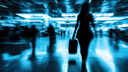 A woman walking briskly through the airport with a carry case, in a hurry to catch her flight, with the terminal bustling around her --chaosの素材