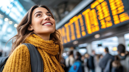 A woman with a carry case at the airport entrance, looking up at the departure signs, ready to start her journey, with a determined expression --chaosの素材