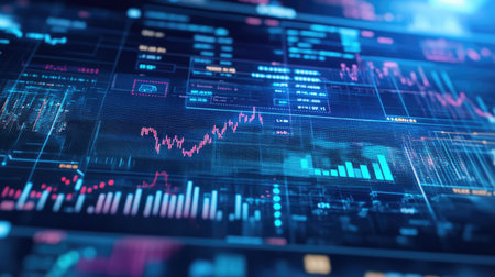A financial graph with a rising arrow, symbolizing market gains, displayed on a futuristic screen with overlaid charts and data lines. --chaosの素材