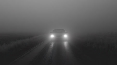 Car headlights shining through heavy fog on a remote country road, with the light revealing patches of tall grass along the edges --chaosの素材