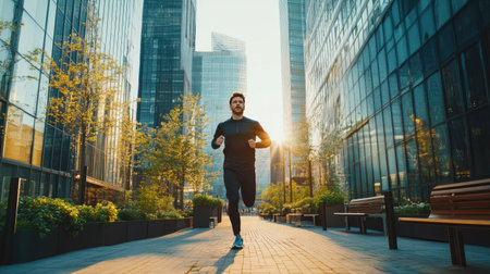 Fit young man running near a contemporary building, surrounded by city elements like benches and greenery. The building has a sleek architectural design --chaosの素材