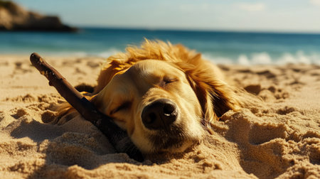 Golden retriever partially buried in the sand at the beach, with a stick placed next to its head. The background shows the shoreline and sea --chaosの素材