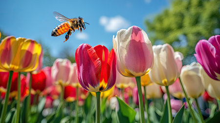 Flying honey bee hovering near a vibrant tulip, reaching out for the pollen as it approaches the colorful petals --chaosの素材