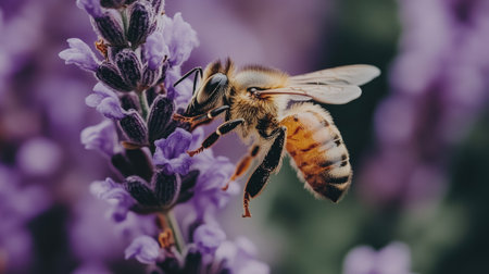Honey bee gathering pollen from a purple flower, caught in mid-flight, with its fuzzy body covered in fine pollen grains --chaosの素材