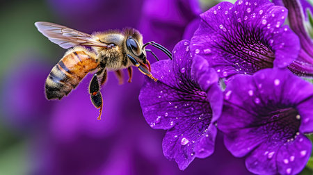 Honey bee collecting pollen from a deep purple petunia, its body covered in pollen grains as it hovers in mid-air --chaosの素材