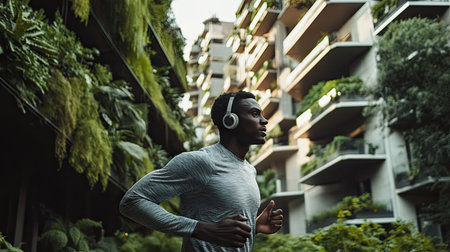 Runner passing by a large residential complex, with balconies and greenery visible. Wearing headphones, focused on his outdoor workout --chaosの素材