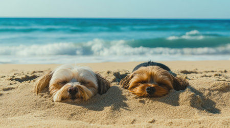 Two small dogs buried side by side in the sand, with their heads sticking out. The beach background features sunny weather and blue waves --chaosの素材