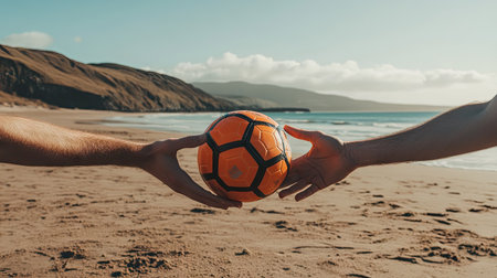 Two hands gripping a soccer ball tightly against a beach background, with sand and sea visible in the distance, suggesting a casual game --chaosの素材