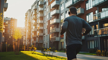 Runner passing by a large residential complex, with balconies and greenery visible. Wearing headphones, focused on his outdoor workout --chaosの素材