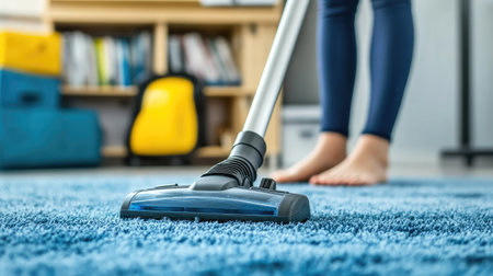 Woman cleaning the floor in a home office, with a desk and bookshelf in the background. The room is organized, and the vacuum is cordless for easy use --chaosの素材