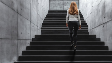 A businesswoman climbing modern black stairs with a concrete wall backdrop, embodying ambition, upward mobility, and the pursuit of professional success. --chaosの素材