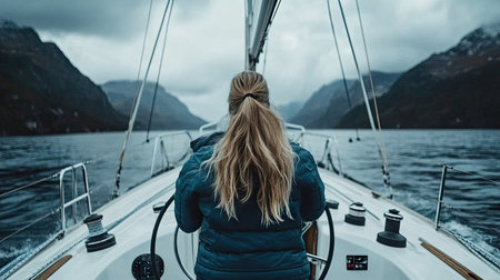 Woman captain steering a sailboat at the helm, with mountains in the background, navigating through a narrow passage --chaosの素材