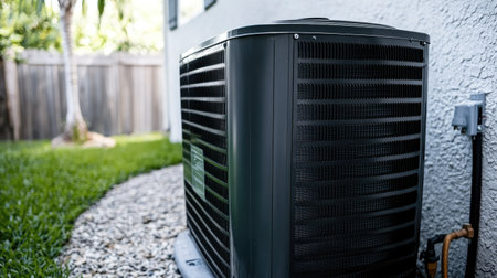An outdoor air conditioning unit next to a building's exterior wall, with piping and wiring visible. The unit is surrounded by gravel and grass. --chaosの素材