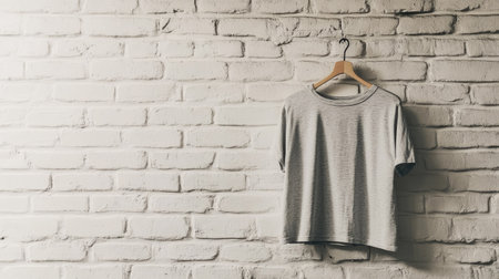 A blank grey t-shirt hanging on a hook against a white brick wall, providing a stylish and simple setting for showcasing the apparel. --chaosの素材
