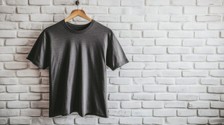 A blank grey t-shirt hanging on a hook against a white brick wall, providing a stylish and simple setting for showcasing the apparel. --chaosの素材