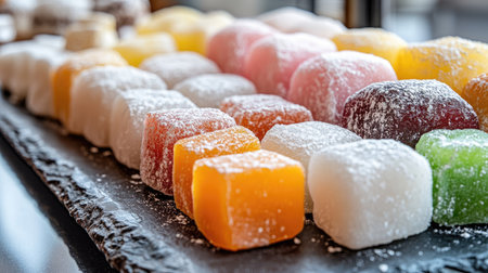 An assortment of mochi in various flavors, displayed on a black stone tray, with soft natural light illuminating the dessert's colorful surfaces. --chaosの素材
