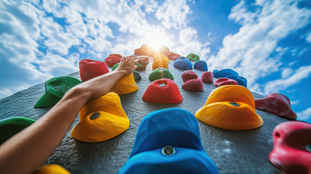 An athlete climbs an outdoor artificial rock wall, gripping colorful holds, with the blue sky in the background, demonstrating agility and focus. --chaosの素材