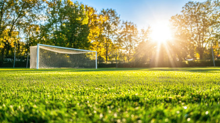 An empty soccer goal on a well-manicured green grass field, with bright daylight illuminating the peacefulness of an unused sports scene. --chaosの素材