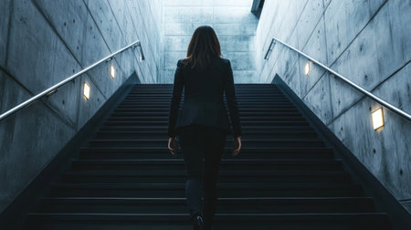 A businesswoman in a formal suit ascends black stairs, with a textured concrete wall in the background, symbolizing growth and determination in her career. --chaosの素材