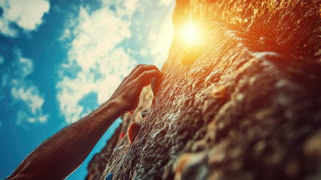 A climber reaches up for a hold on an outdoor artificial wall, gripping textured surfaces, with bright sunlight highlighting the action. --chaosの素材