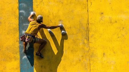 A climber tackling a challenging route on an outdoor artificial wall, reaching for a high hold, with bright sunlight creating dramatic shadows. --chaosの素材