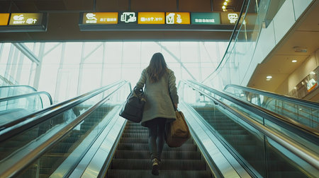 A woman dragging a carry case up the escalator in the airport, with terminal signs visible above, heading towards the gates --chaosの素材