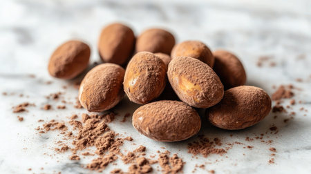 A handful of cocoa-coated chocolate almonds arranged on a marble surface, with a close-up focus that emphasizes the powdery cocoa dusting. --chaosの素材