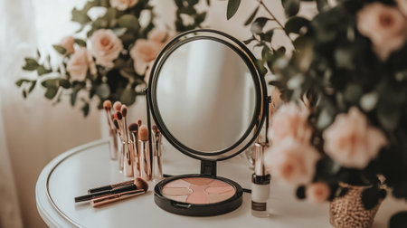 A minimalist desktop mirror with a black metal frame, standing on a white vanity table with makeup brushes and blush scattered around it. --chaosの素材