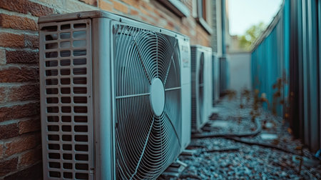 Close-up of an outdoor air conditioning unit with visible ventilation fans and metal grilles. The unit is surrounded by gravel and a brick wall. --chaosの素材