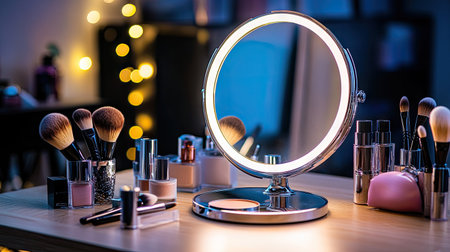 A lighted desktop mirror with a built-in LED ring, placed on a wooden desk, surrounded by various makeup brushes and beauty products. --chaosの素材