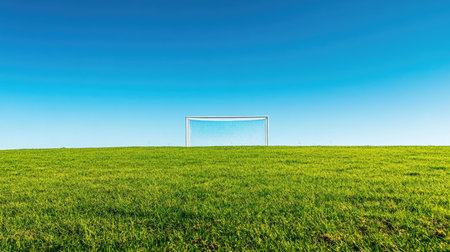 Empty soccer goal on a vibrant green grass field, surrounded by clear skies, representing the calm before the game in a quiet sports environment. --chaosの素材