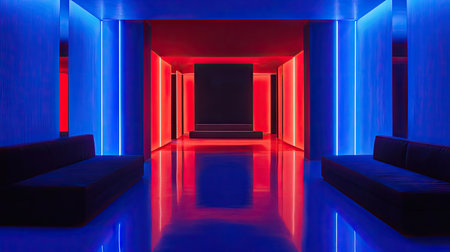 A neon-lit room with soft blue and red lighting, highlighting sleek furniture and minimalistic decor. The walls reflect the glowing colors subtly. --chaosの素材