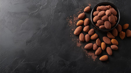 Cocoa-dusted chocolate almonds arranged on a dark background, with the fine powdery texture of the cocoa coating creating a rich visual appeal. --chaosの素材