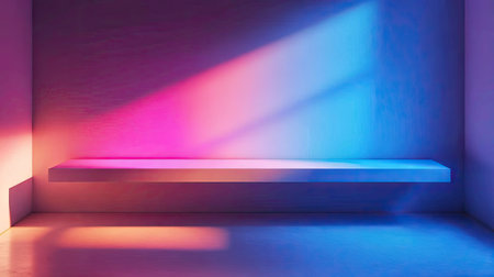 A modern room with neon lights in bright blue and pink, casting colorful shadows on the walls. The minimalist decor enhances the atmosphere. --chaosの素材