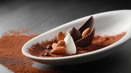 A decorative dish filled with cocoa-coated chocolate almonds, with the fine cocoa dust creating a luxurious and indulgent appearance. --chaosの素材