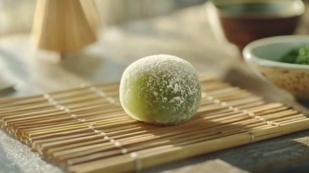 Close-up of a matcha mochi on a bamboo mat, with its delicate powder coating and soft texture captured in detail, representing the traditional dessert. --chaosの素材