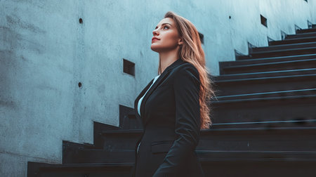 A determined businesswoman ascending black stairs, with a textured concrete wall behind her, demonstrating her commitment to professional growth. --chaosの素材