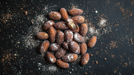 Cocoa-dusted chocolate almonds placed on a dark background, with the fine powder coating creating a luxurious and textured appearance. --chaosの素材