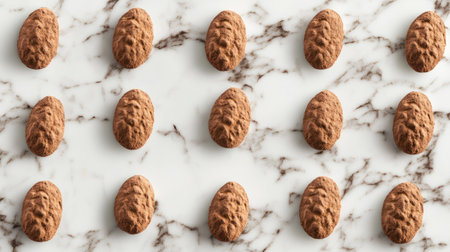 A marble surface covered with cocoa-coated chocolate almonds, with the fine cocoa dust giving each piece a rich and textured appearance. --chaosの素材