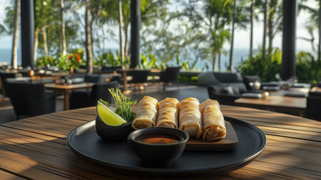 A dish of golden spring rolls with a dipping bowl of soy sauce, presented on a rustic wooden table and garnished with lime wedges. --chaosの素材