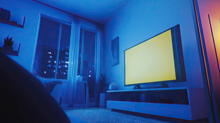 A flat-screen TV in a contemporary room, surrounded by minimalist decor and modern furniture. The screen is turned off, blending with the background. --chaosの素材