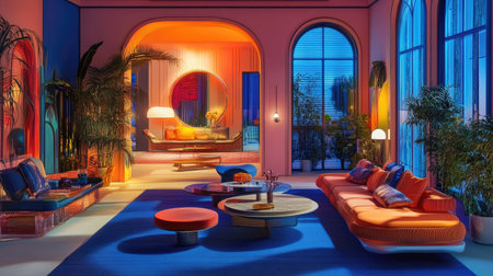 A modern room illuminated by vibrant neon lights in blue and pink hues, casting colorful reflections on the walls and furniture. Futuristic atmosphere. --chaosの素材