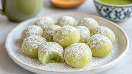 Close-up of matcha-flavored mochi placed on a white ceramic dish, with powdered sugar dusting and a green tea cup in the background. --chaosの素材
