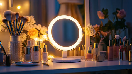 A lighted desktop makeup mirror with a circular design, set on a vanity surrounded by makeup items like foundation, lipsticks, and brushes. --chaosの素材