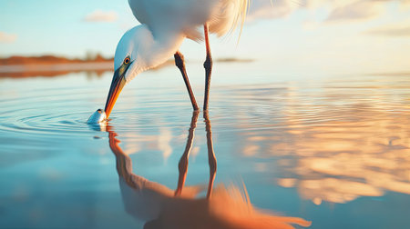 Close-up of a heron standing in shallow water, clutching a fish in its beak. The bird's reflection shimmers in the calm lake below. --chaosの素材