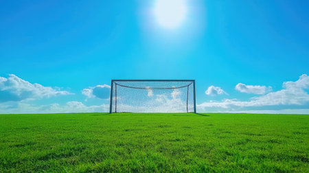 Empty soccer goal on a vibrant green grass field, surrounded by clear skies, representing the calm before the game in a quiet sports environment. --chaosの素材