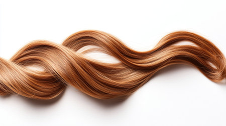 Curly strand of light brown hair, isolated on a white background. The curls are well-defined and bouncy, with a healthy-looking shine. --chaosの素材