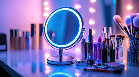 A lighted desktop makeup mirror with a circular design, set on a vanity surrounded by makeup items like foundation, lipsticks, and brushes. --chaosの素材